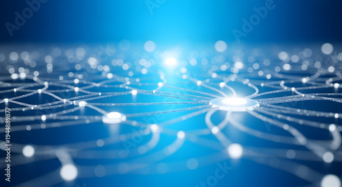 A glowing network of interconnected lines and nodes on a blue background