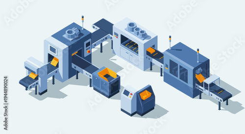 Isometric Industrial Production Line with Automated Machinery and Conveyor Belts.
