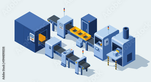 Isometric Industrial Production Line with Automated Machinery and Conveyor Belts.