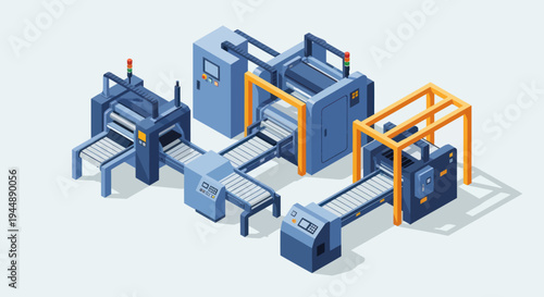 Isometric Industrial Production Line with Automated Machinery and Conveyor Belts.