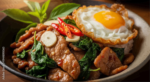 Savory Thai Basil with Egg: A culinary delight unfolds, showcasing a vibrant Thai basil dish topped with a perfectly fried egg, offering a tempting glimpse into the heart of authentic gastronomy.