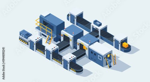 Isometric Industrial Production Line with Conveyor Belts and Automated Machinery.