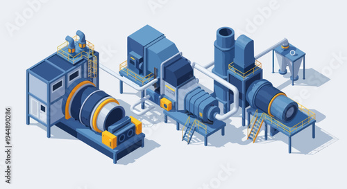 Isometric Industrial Production Line with Machinery and Equipment.