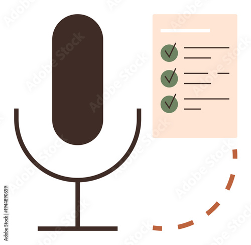 Podcasting, recording sessions, task organization, audio production, broadcasting, creative workflow. A microphone next to a checklist with checkmarks. Podcasting and recording sessions concept