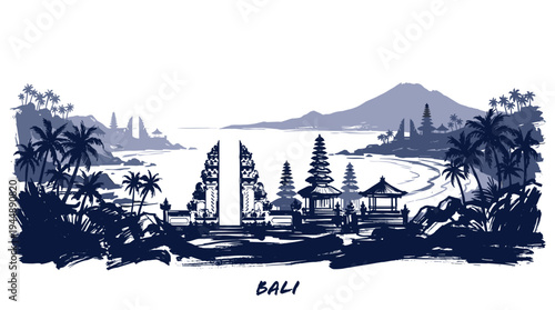 A scenic silhouette of Bali's iconic temples and coastline, with palm trees framing a serene beach and distant volcano.
