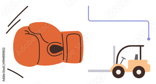 Industrial safety, work strength, logistics efficiency, factory operations, warehouse management, power tools. Boxing glove and forklift. Industrial safety and work strength symbolism