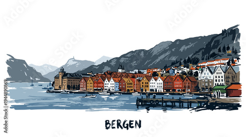 A picturesque watercolor illustration of the colorful historic wharf buildings of Bergen, Norway, set against a backdrop of mountains and water.