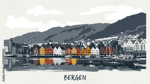 Panoramic view of the colorful historic Bryggen wharf in Bergen, Norway, reflected in the calm water.