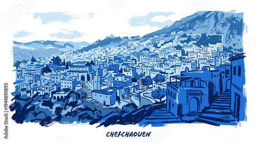 A panoramic blue-toned sketch of the city of Chefchaouen nestled against a mountain.