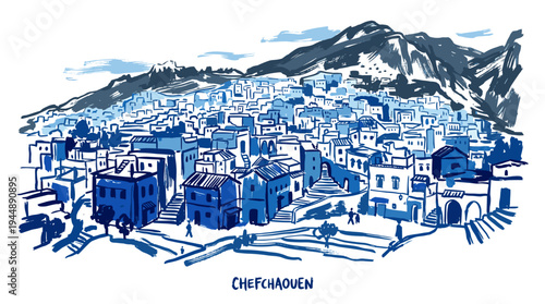 A vibrant blue and white sketch depicts the picturesque cityscape of Chefchaouen, Morocco, nestled against a majestic mountain range.