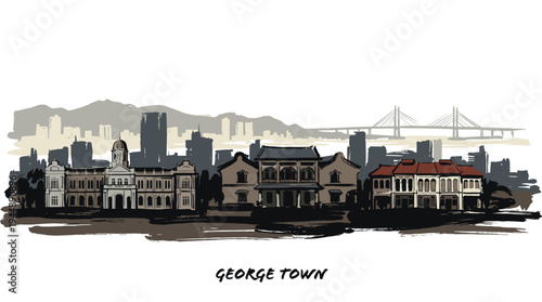 A watercolor-style illustration of the George Town skyline, featuring historic buildings and a distant bridge.