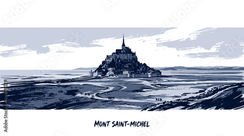 A dramatic, monochromatic sketch of the iconic Mont Saint-Michel island commune in Normandy, France, set against a vast, open sky.