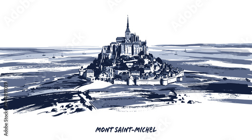 A striking ink sketch of the iconic Mont Saint-Michel island commune and abbey, perched dramatically on its rocky outcrop amidst a vast expanse of water and sand.