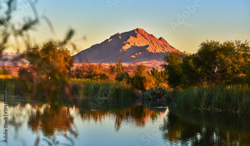 Mountain Sunrise Over Pond at Henderson Bird Viewing Preserve Nevada