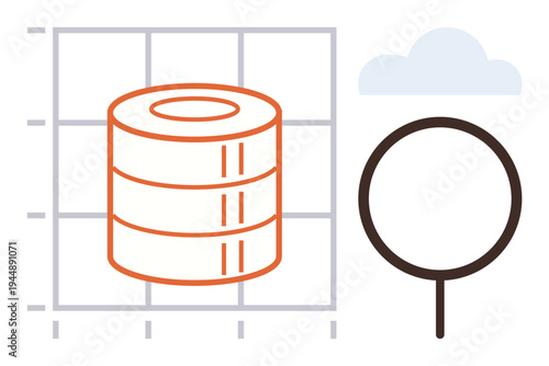 Data management, cloud computing, analytics, database technology, information systems, search tools. Stack of data storage units and a magnifying glass overlaid on a grid background. Data management