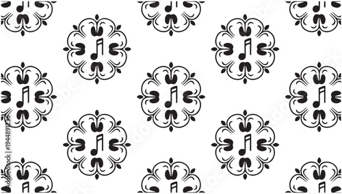 Music note emblem within circular floral frame for decorative seamless background wallpaper