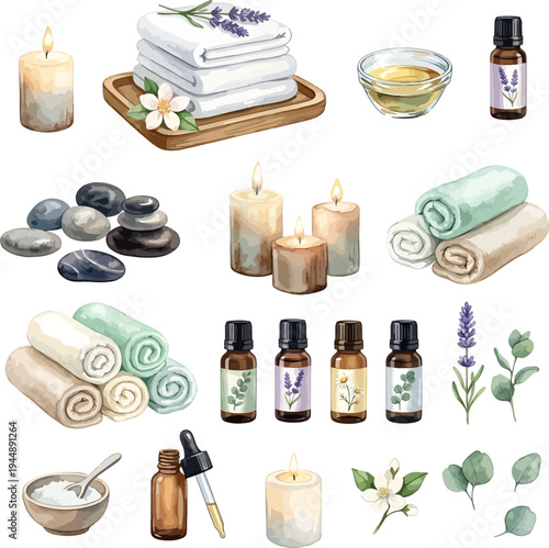 Watercolor style vector spa set with essential oils, lavender, towels, massage stones, candles, zen-inspired collection, aromatherapy, wellness, beauty salon design, isolated, no background, transpare