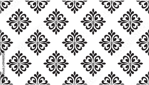 Black and white seamless pattern with damask motifs, floral design for fabric and wallpaper print