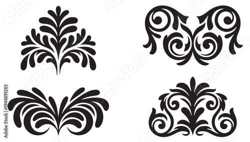 Set of floral design elements, ornate vignettes, decorative damask motifs, vintage calligraphic ornaments