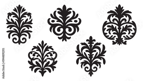 Set of black damask design elements, elegant floral patterns, baroque decorative motifs, victorian ornaments