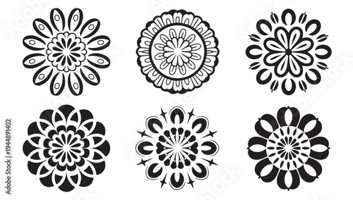 Six diverse flower-like mandalas, varied abstract floral patterns, decorative circular motifs