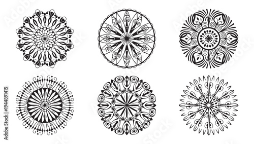 Six intricate mandala designs, round ornamental patterns, geometric circular motifs for decoration