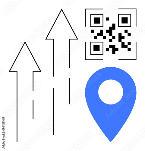Navigation services, digital marketing, technology solutions, data flow, growth strategy, QR code integration. Black QR code with blue location pin and upward arrows. Navigation services and digital