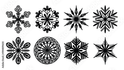 Collection of eight distinct snowflake designs vector graphics symmetrical winter motifs intricate patterns