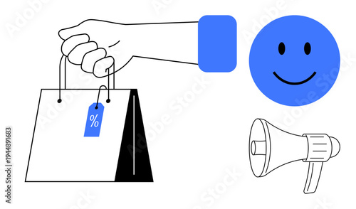 Shopping concept. Hand holding shopping bag with discount tag promotes retail and e-commerce. Shopping connects marketing strategies, customer engagement, retail promotions, advertising, online sales