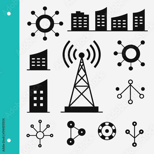 Black icons of city buildings communication towers and network connections on gray background with teal border