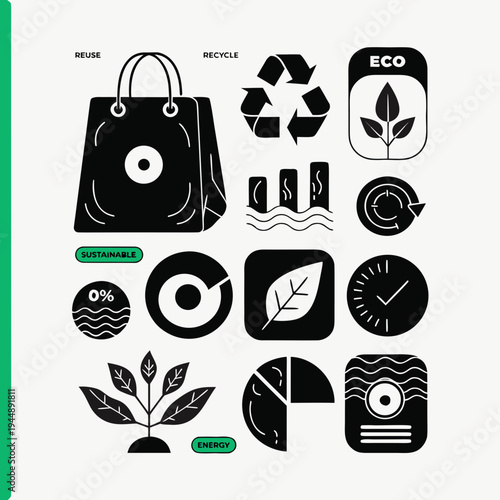 Eco friendly icons set for sustainable living and environmental conservation