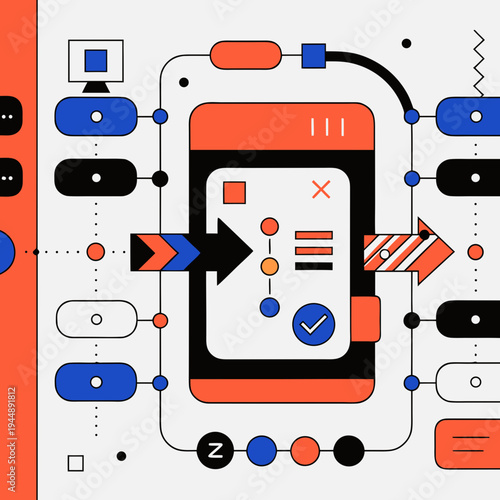 Smartphone with app interface and colorful workflow diagram on screen surrounded by various technical symbols and arrows on a white background