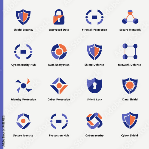 Collection of cybersecurity icons for secure network protection and data encryption