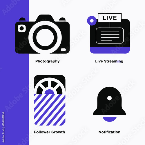 Social media icons for photography live streaming follower growth and notification on white background with blue accents