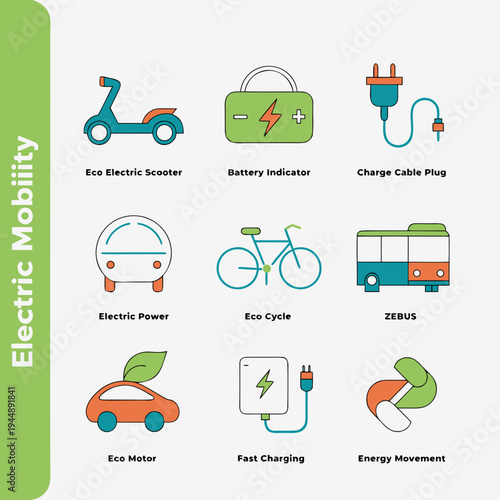 Electric mobility concept with eco friendly transportation icons and symbols for sustainable energy solutions