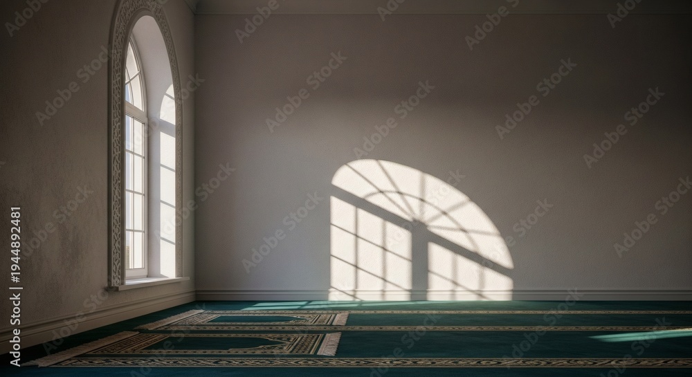 Fototapeta premium Minimal Islamic interior with ornate geometric window shadows cast by warm sunlight on a white wall..