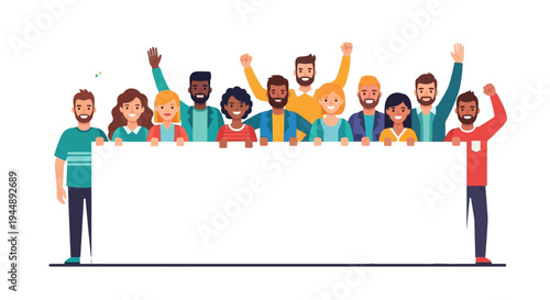 Diverse group of people standing behind a large blank white board in a flat illustration style with a happy and celebratory mood.