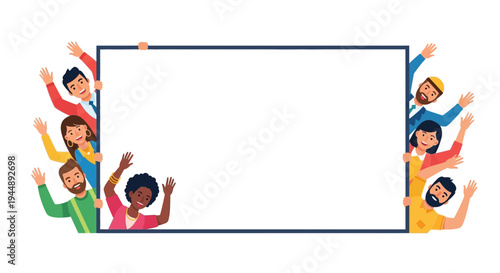 Diverse group of people standing together behind a large blank white board or frame illustration in a flat style with a happy and celebratory mood.