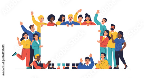 Diverse group of people standing and sitting behind a large blank white board in a flat illustration style with a happy and celebratory mood.