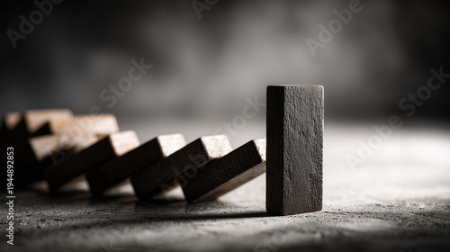 Domino Effect Concept: A dramatic, close-up shot of wooden dominoes set up, with the first one about to initiate a chain reaction, symbolizing the concept of cause and effect and strategic choices.