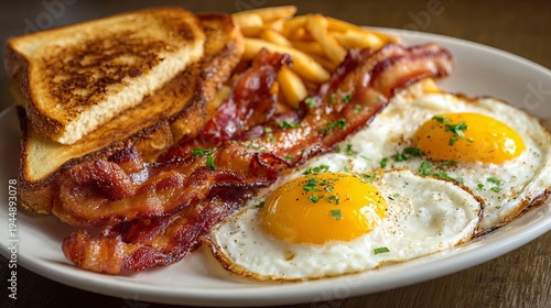 Eggs, pancakes, bacon, and toast make a classic full American breakfast.