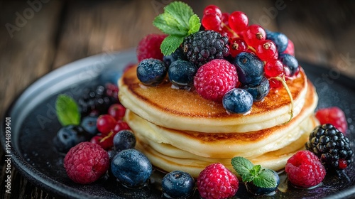 Sweet pancakes, piled high with fresh berries, are served hot on a plate for a tasty morning meal.