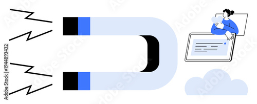 Data attraction concept. A magnet pulling digital information and technology towards it. Data attraction visualizes strategies for content marketing, customer engagement, and digital innovation