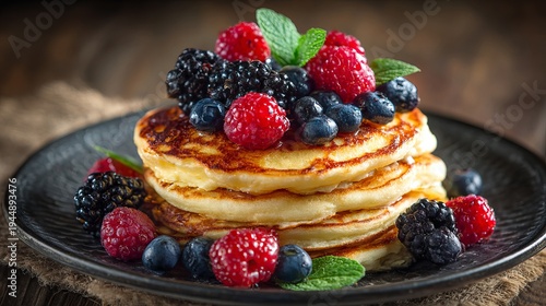 Sweet pancakes, piled high with fresh berries, are served hot on a plate for a tasty morning meal.
