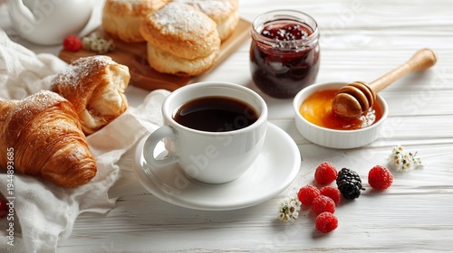 Morning meal delights. Coffee, jam, and croissants sit on a white wooden table.