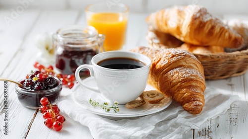 Morning meal delights. Coffee, jam, and croissants sit on a white wooden table.