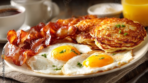 Eggs, bacon, pancakes, and latkes form a hearty American breakfast, with one part in clear view.