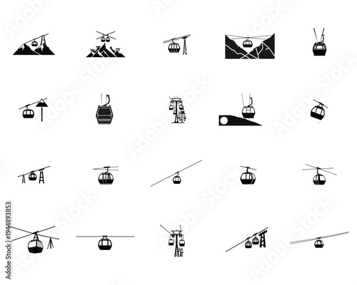 Collection of black silhouette depicting cable cars and ski lifts in various mountain settings gondola