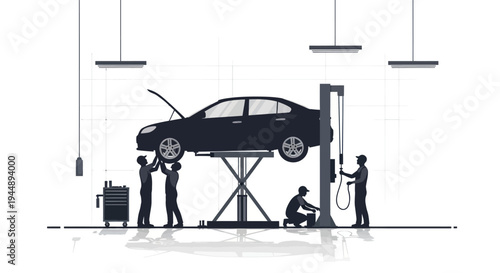 Car repair service station with mechanics working on vehicle.