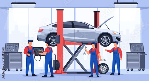 Car repair service with mechanics working on a vehicle.